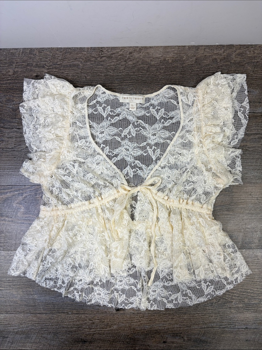Thirty Thirty Ivory Lace Ruffle Tie-Front Sheer Peplum Top Size L